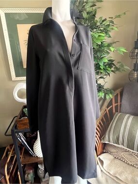 Contemporaine By Simons Black Long Button-Front Tunic Shirt Dress